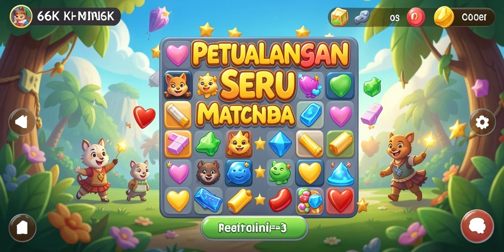 Screenshot gameplay 66K menunjukkan aksi mencocokkan permata yang seru.