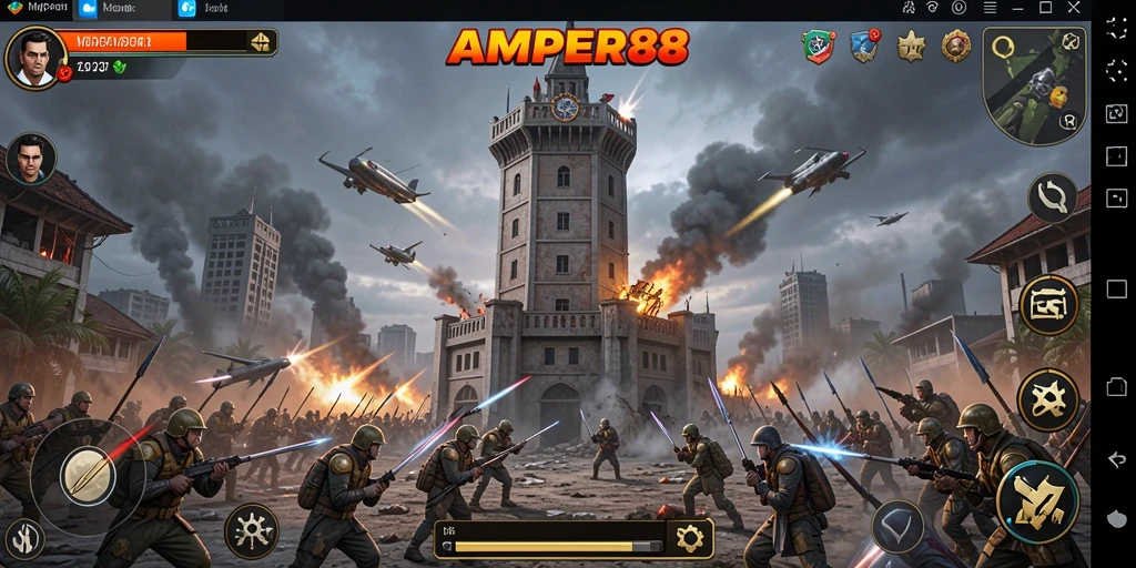 Tampilan gameplay AMPER88 dalam pertahanan menara melawan gelombang musuh.
