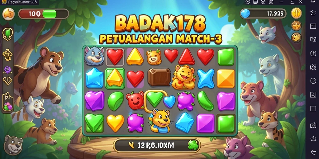 Tampilan seru gameplay Match-3 BADAK178 dengan berbagai item berwarna.