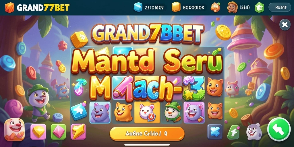Screenshot menunjukkan gameplay seru dari GRAND77BET dengan desain Match-3 yang menarik.