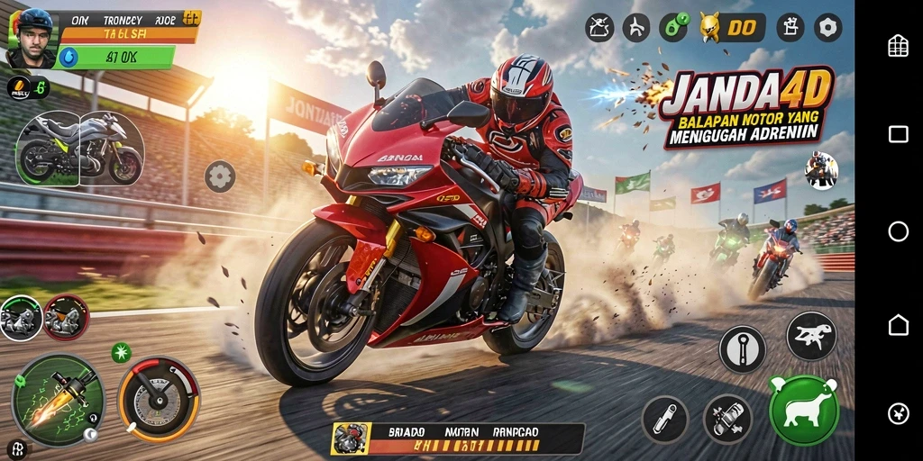 Gameplay seru JANDA4D dengan balapan motor yang menegangkan.