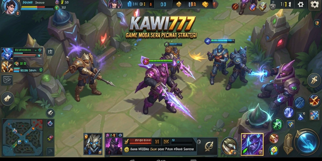 Tangkapan layar KAWI777 menampilkan aksi pertempuran MOBA yang intens.