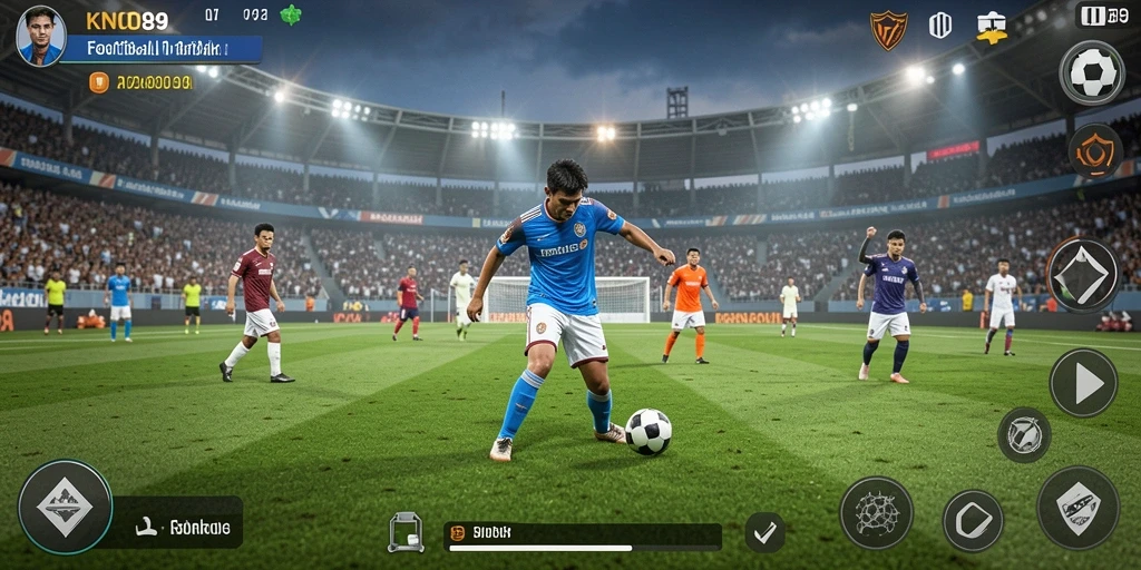 Screenshot KNO89 menampilkan pertandingan sepak bola yang intens dan grafis menawan.