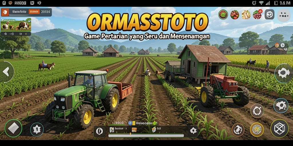 Screenshot gameplay dari ORMASSTOTO menampilkan pertanian yang subur dan aktivitas seru.
