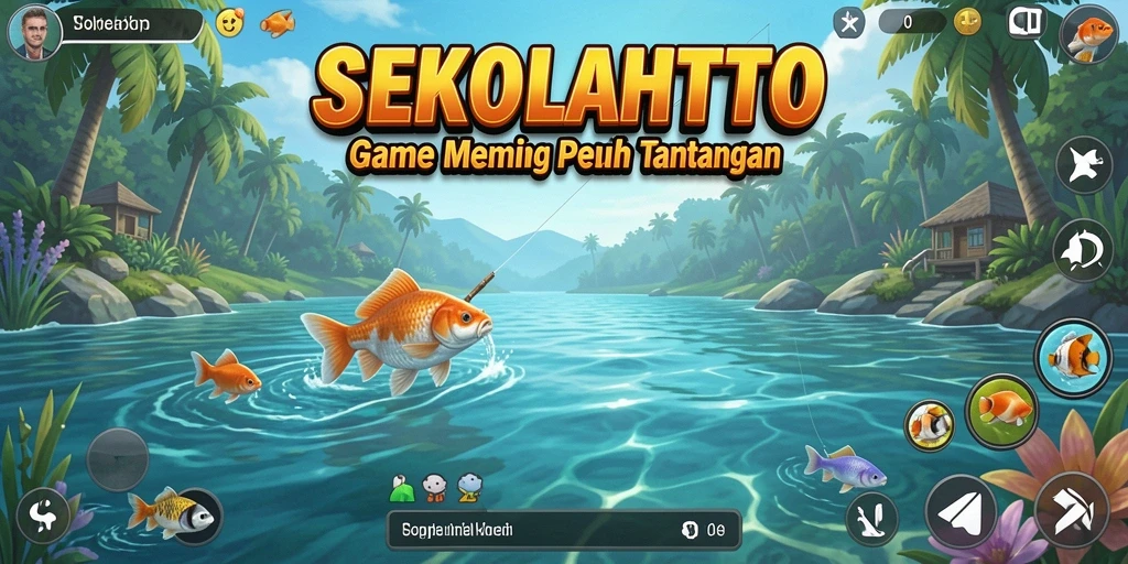 Tampilan gameplay <strong>SEKOLAHTOTO</strong> saat memancing di danau yang indah.